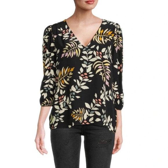 Ba&sh Black Leaf Pattern Sheer Blouse “Lady Top” Size S Puff Sleeves Feminine - Picture 2 of 8